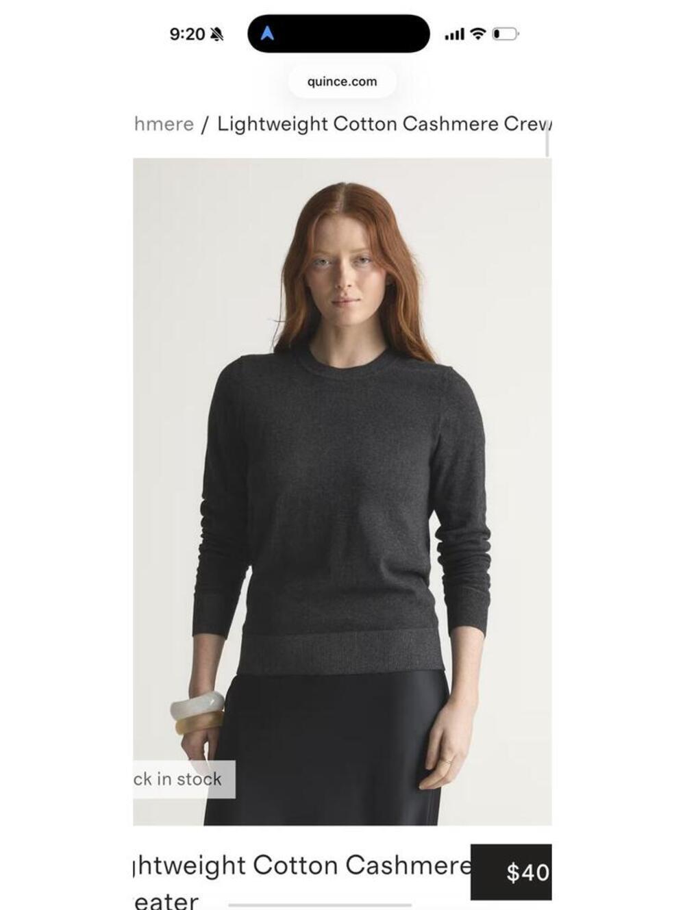 Quince Lightweight Cotton Cashmere Crew Sweater Charcoal M